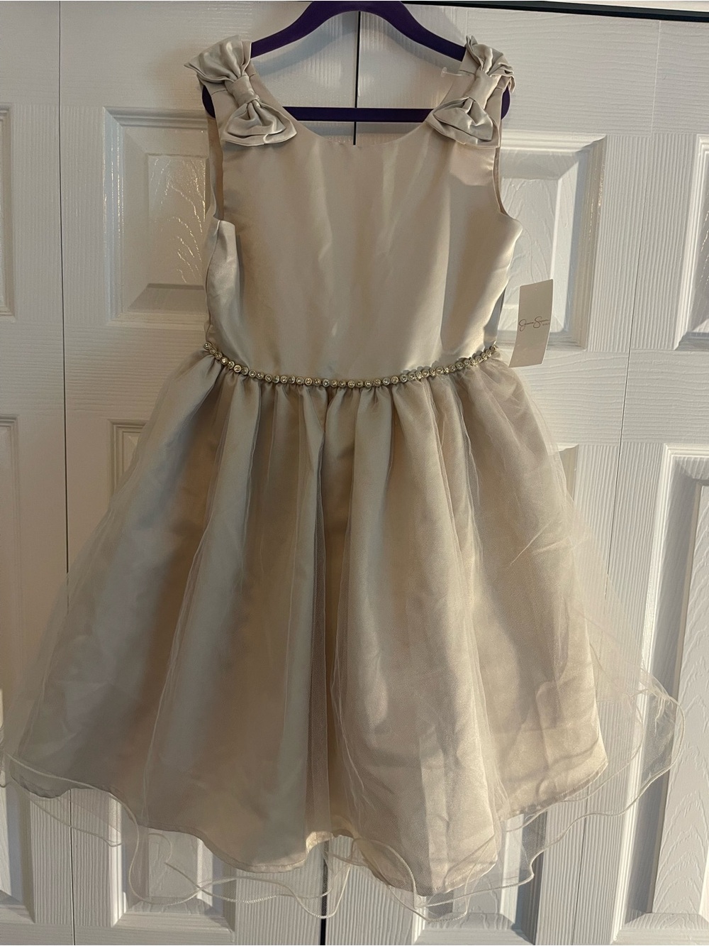 Jessica Simpson Champagne Pearl-Waist Bow Shoulder Formal Dress